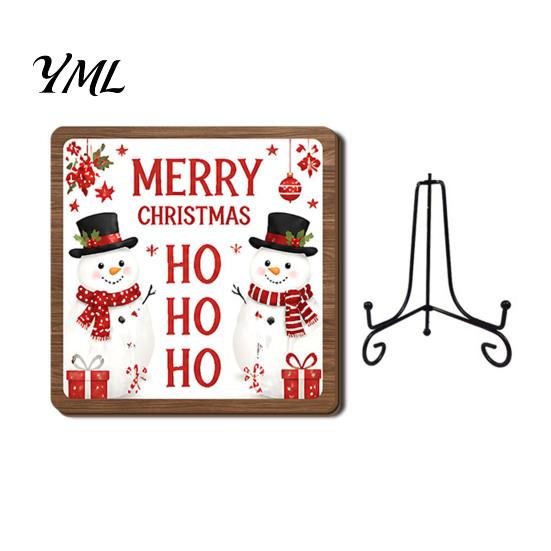 Christmas Pet Ornament Wooden Tabletop Decor, 2D Santa with Iron Stand, Rustic Wrought Display Stand Holiday Sign for Home And Cafe Festive