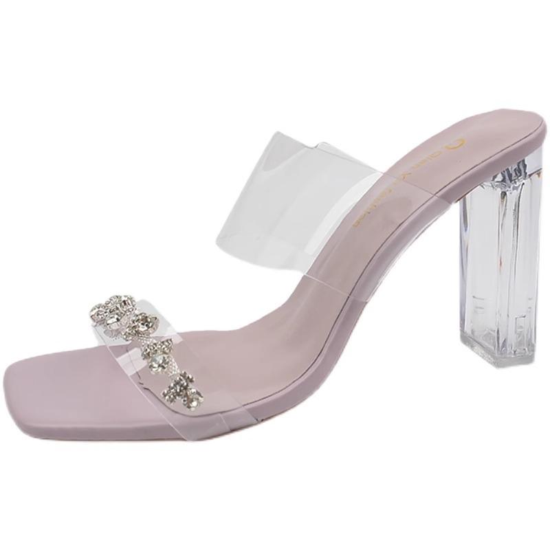 French rhinestone transparent crystal heel beautiful sandals women's summer thick heel slippers high heels wear sandals with skirt