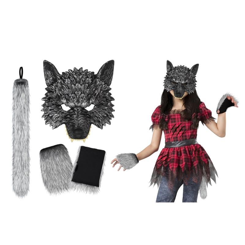 2/3Pcs Wolf Costume Set Wolf Tail Wolf Mask Gloves Set Halloween Christmas Fancy Party Costume Toys Animal Cosplay Props