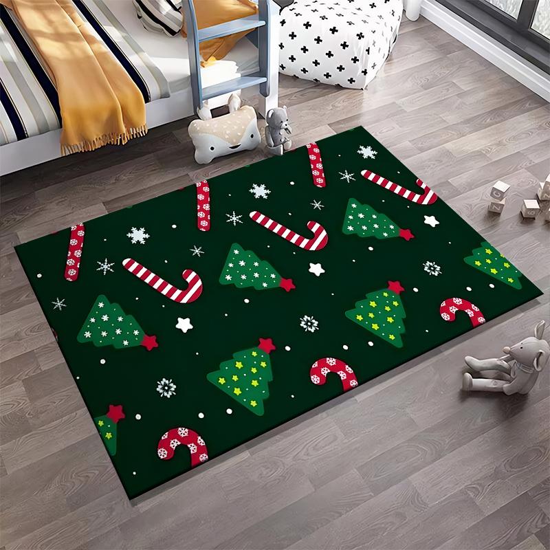 Christmas Candy Cane and Tree Pattern Rug - Non-slip rug suitable for living room and bedroom sofas.