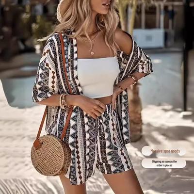 Ensemble deux pièces élégant à imprimé vacances, best-seller transfrontalier 2025: Chemise à Manches Courtes & Short Taille Haute à Nouer