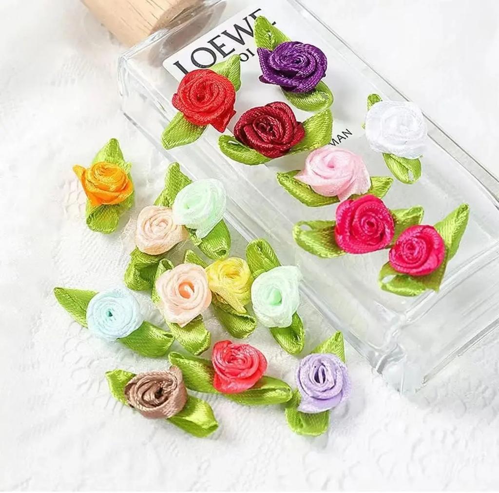 50/100pcs Artificial Fabric Flower and Green Leaf Color Mix Small Ribbon Rose Decoration for Crafts DIY Sewing Decoration
