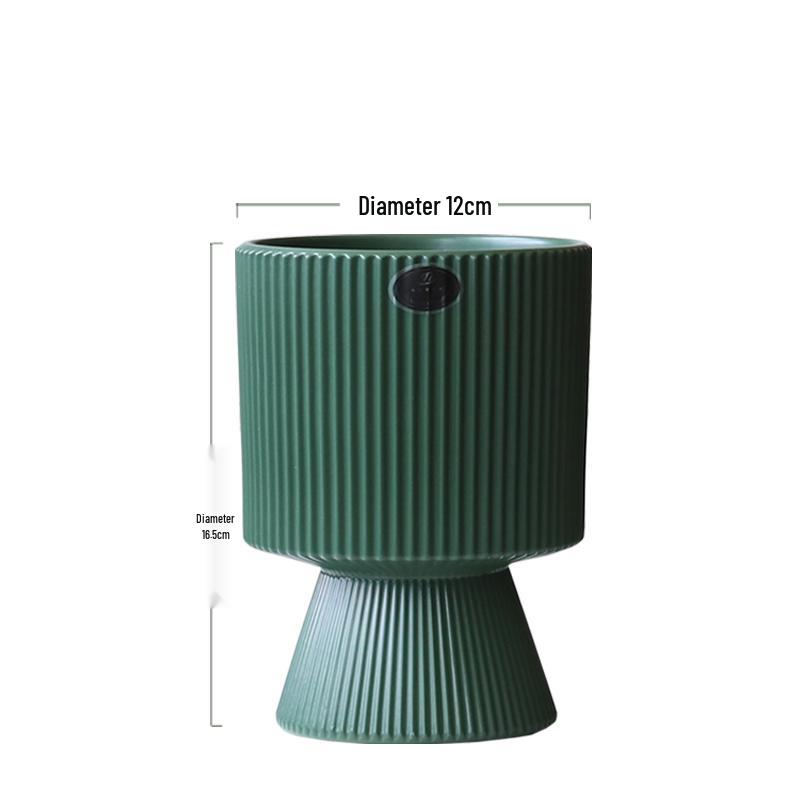 Nordic Ceramic Flower Pot with Tray - High-Footed Vertical Stripes for Indoor/ Balcony, Ideal for Pothos and Orchids.