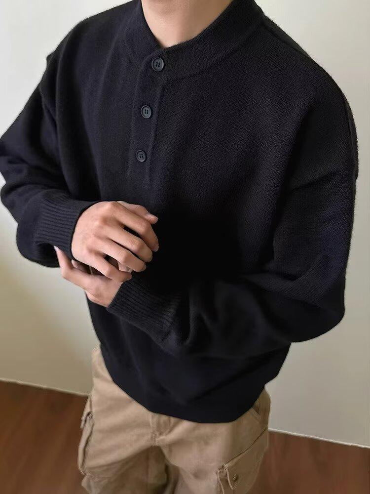 Grauer Henley-Kragen Pullover für Herren: Hochwertige Strickwaren für Frühling/Herbst, Lässiger Schnitt, Saubere Oberbekleidung.