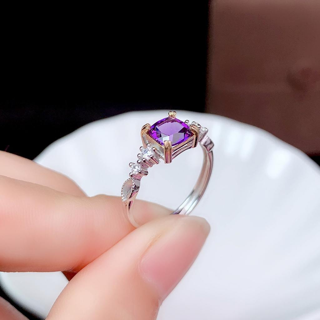 Genuine 925 Sterling Silver Amethyst Jewelry Open Ring For Women Anillos De Bizuteria Wedding Bands Anel Gemstone Females Rings