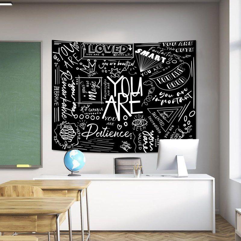 You Are Loved Smart Cute Blackboard Wall Tapestry Positive Affirmation Doodle Quote Heart Star Bedroom Living Room Dorm