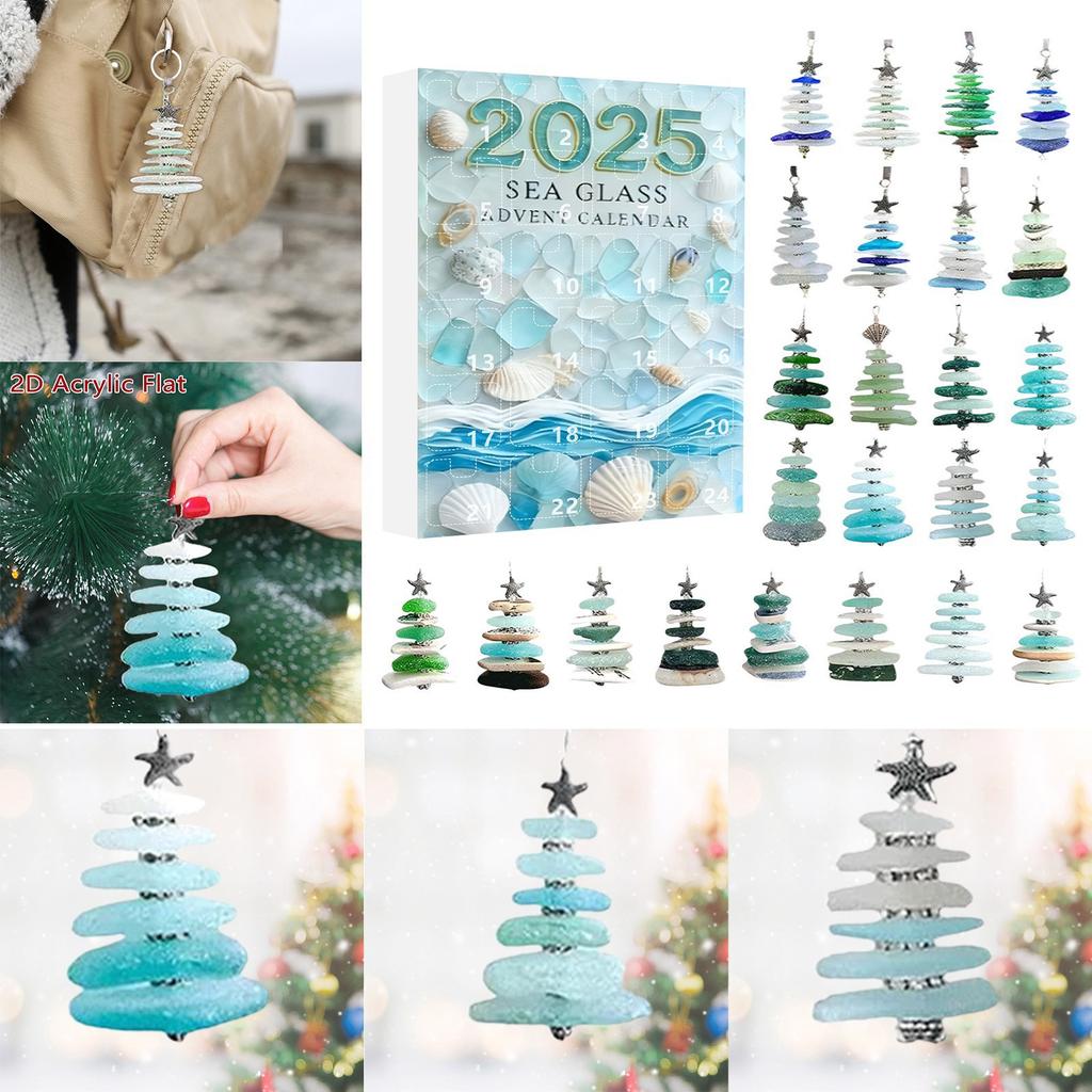 Seeglas Weihnachtsbaum Countdown Kalender Blindbox, Seeglas Stil Weihnachtsbaumanhänger, Acrylanhänger