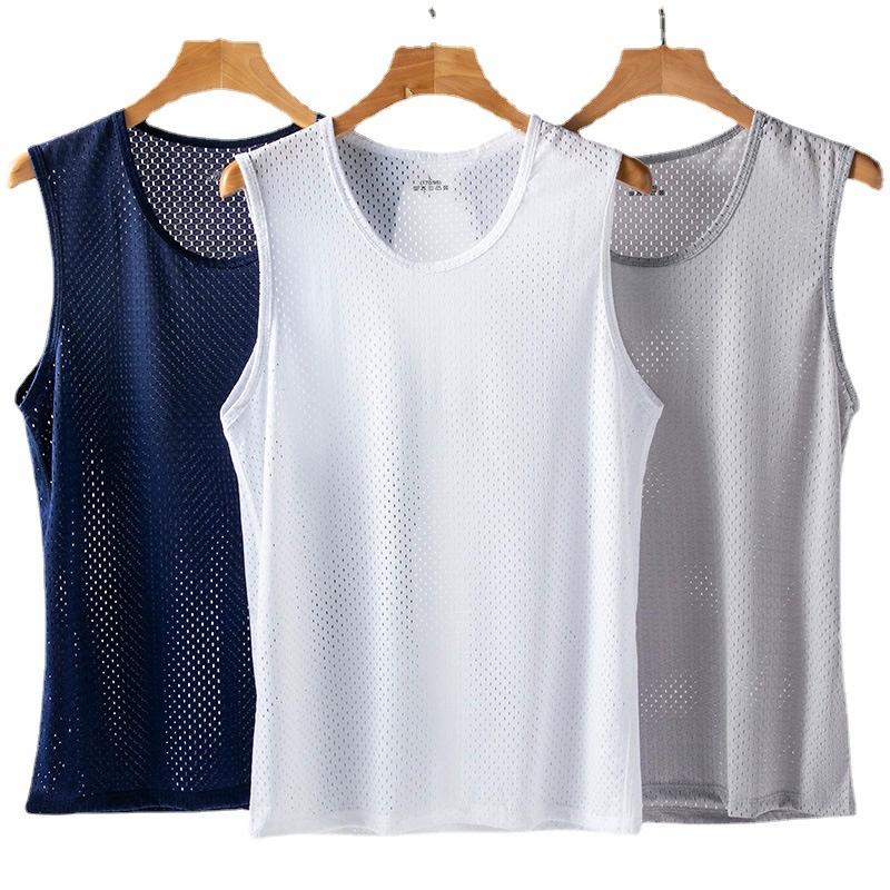 Men's Ice Silk Mesh Tank Tops Gym Stringer Transparent Bodybuilding Sleeveless Shirt Fitness Vest Male Mesh Muscle Singlets