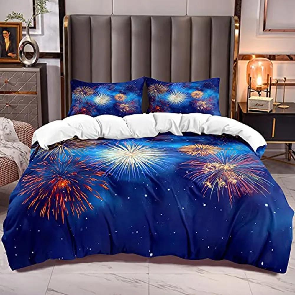 Fireworks Soft Durable Quality Duvet Cover Colourful Fires Celebrate Mery Christmas Theme Polyester for Children Tens Women for Bedrom Decoration
