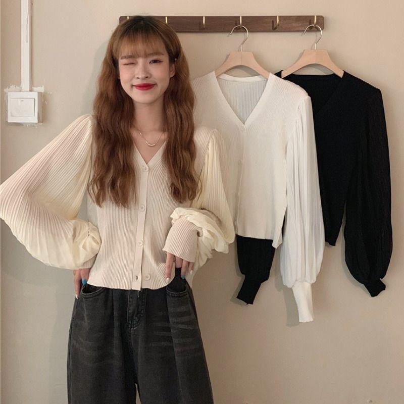 Women's White V-Neck Long-Sleeved Knit Cardigan with Lantern Sleeves - New Korean Autumn/Winter Style