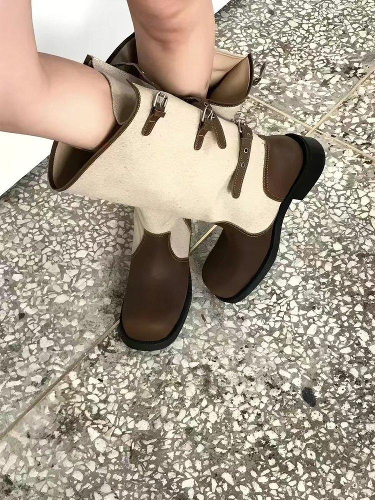 Women's flip cowboy boots Western wide retro boots Belt buckles Pile knight boots Fold thick heel splicing Wear two without