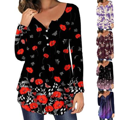 Women Fashion Casual Button Neck O-neck Printed Long Sleeves Loose Shirt Top