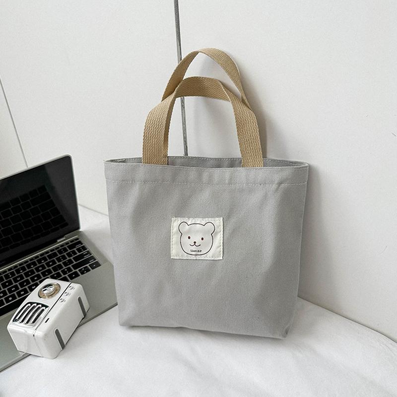 Women Fashion Handbag Canvas Small Bear Tote Bag Hand Lunch Bag Korean Canvas Bag Handbags Cotton Cloth Picnic Travel Bento Bucket Bag