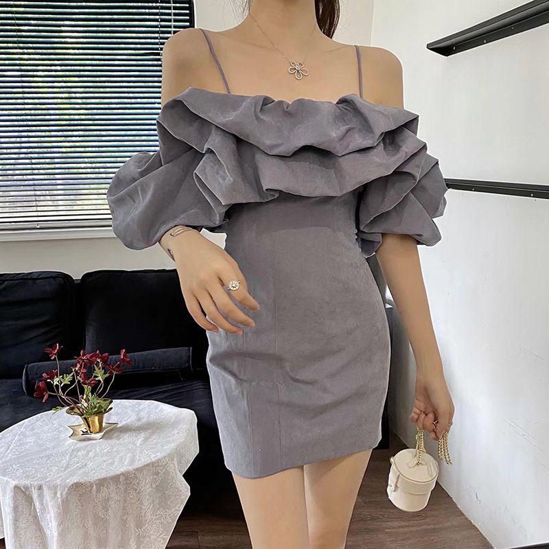 

European and American Sexy Sling off-Neck off-the-Shoulder Backless Dress Light Luxury Minority Classy Elegant Fitted Waist Pleated Dress Haze Blue L