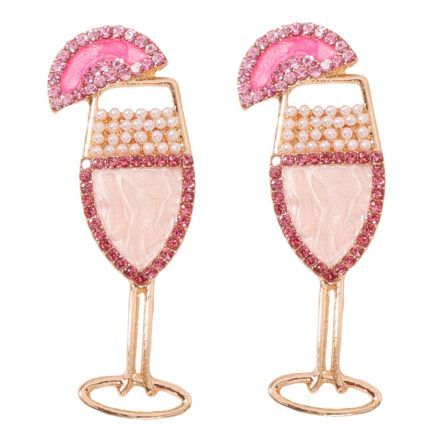 New holiday style fashion personality pink diamond imitation pearl geometric wine glass oil drop earrings women розовый