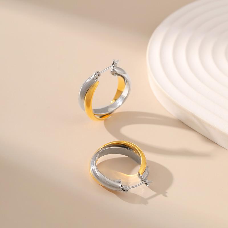 Two Tone Gold Silver Spliced Cross Circle Fashion Neutral Earrings