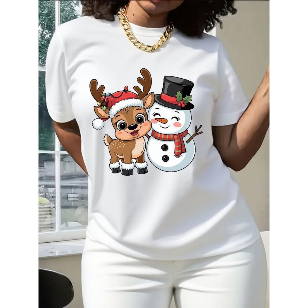Women's T-Shirt Cute Reindeer Snowman Print Soft Short Sleeve Casual Crew Neck Summer Clothes for Women