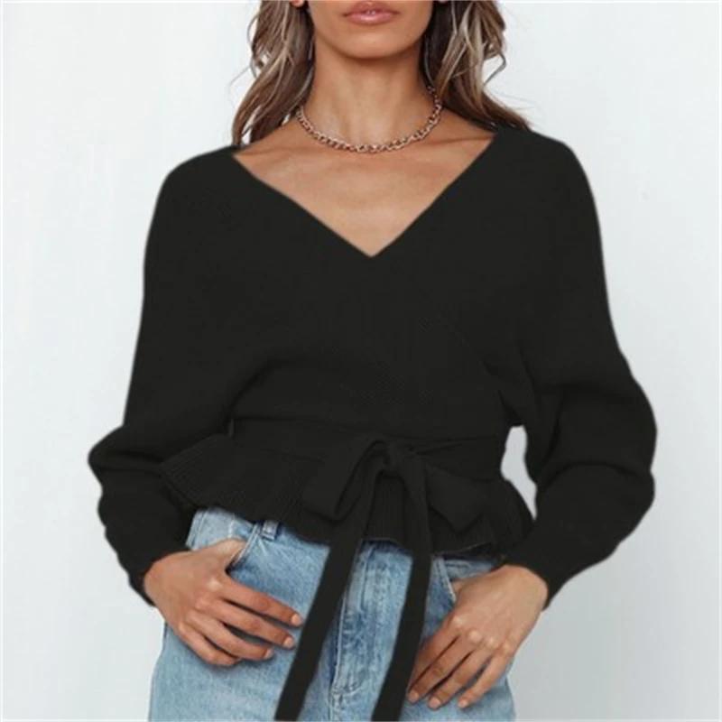 Office Lady Solid Color Tops Autumn Winter Sexy V-neck Back Strap Pullover Women Elegant Fashion Sweater Loose Clothes  28267