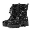 Pink Bling British Women Platform Ankle Boots Gold Sequined Cloth High Thick Heels Round Toe Lace-up Ladies Platform Short Boots