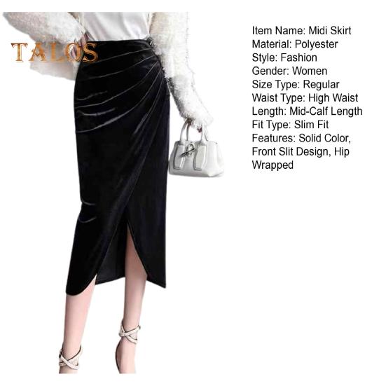 Women Midi Skirt High Waist Irregular Front Slit Design Golden Velvet Skirt Solid Color Design Leg-shaping Skirt