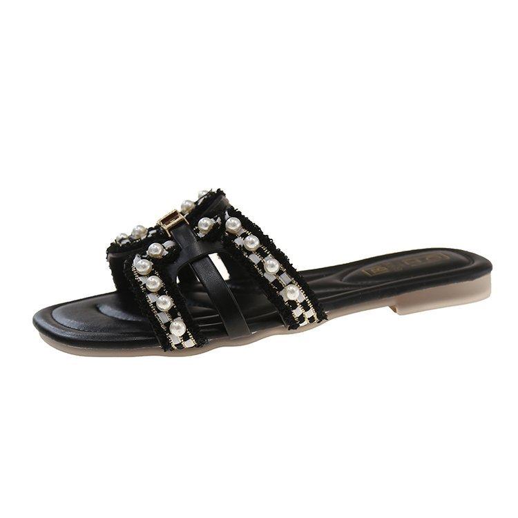 Xiaoxiangfeng Damen-Hausschuhe mit flacher Sohle für den Außenbereich 2025 Sommer neu weichsohlige Feen-vielseitige Perlen-Strandsandalen