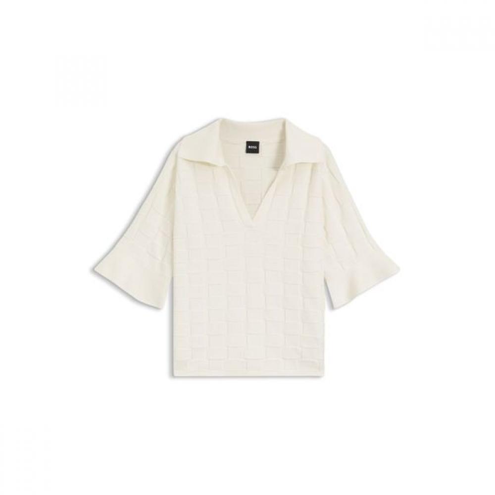 BoSS Women S Checked Texture Johnny Collar Sweater Open White