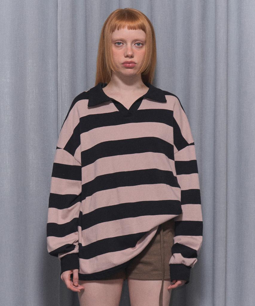 FANCY CLUB Striped Oversized Rugby Tee (Pink)_F24Zb074