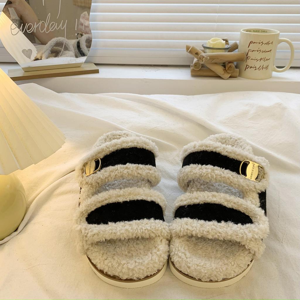 Internet celebrity thick bottom Birkenstock hairy slippers women wear autumn and winter 2025 new high-end explosion non-slip cotton slippers