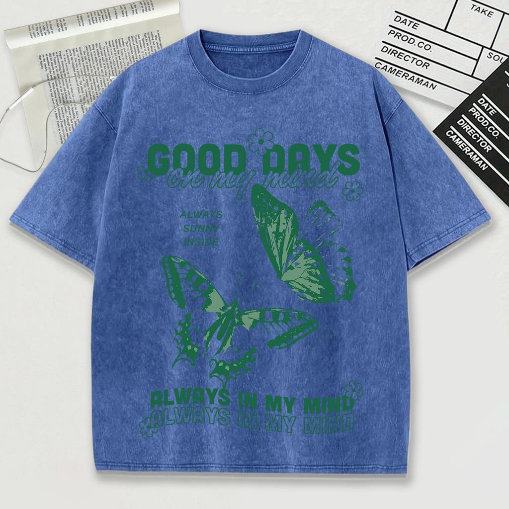 Good Days On My Mund Print Men Washed Tee Shirts Soft Cotton T-Shirt Crewneck Casualwear Street Unisex Short Sleeve