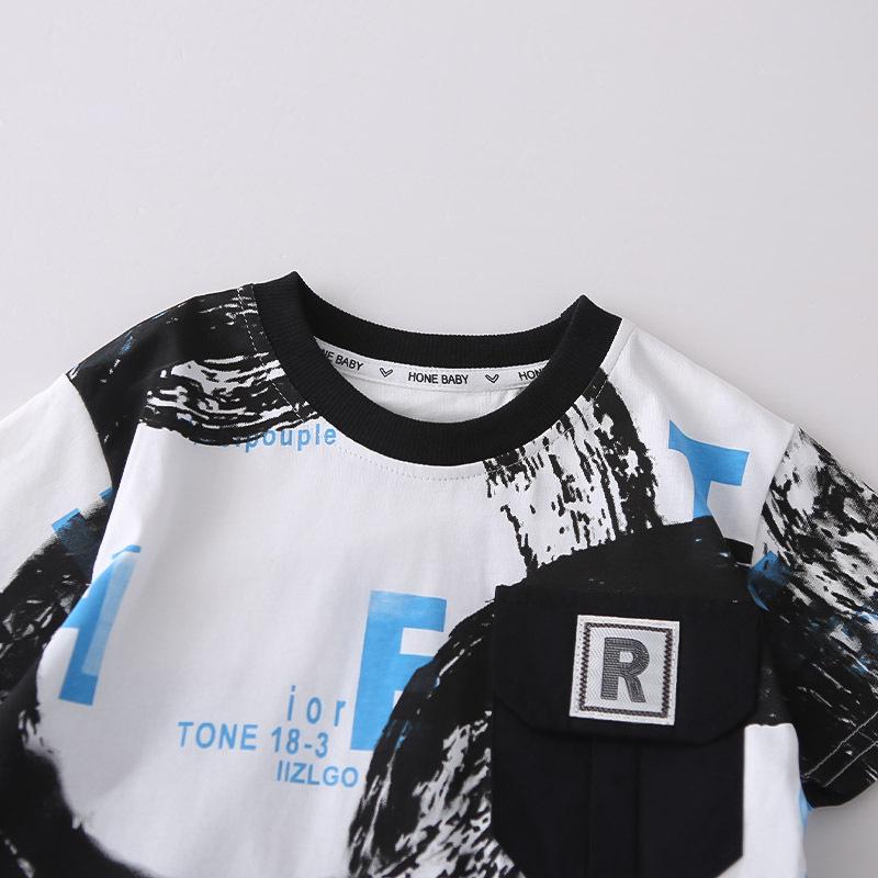 2026 New Boys' Summer Outfit: Stylish Infant Letter Pocket Short Sleeve Two-Piece Set