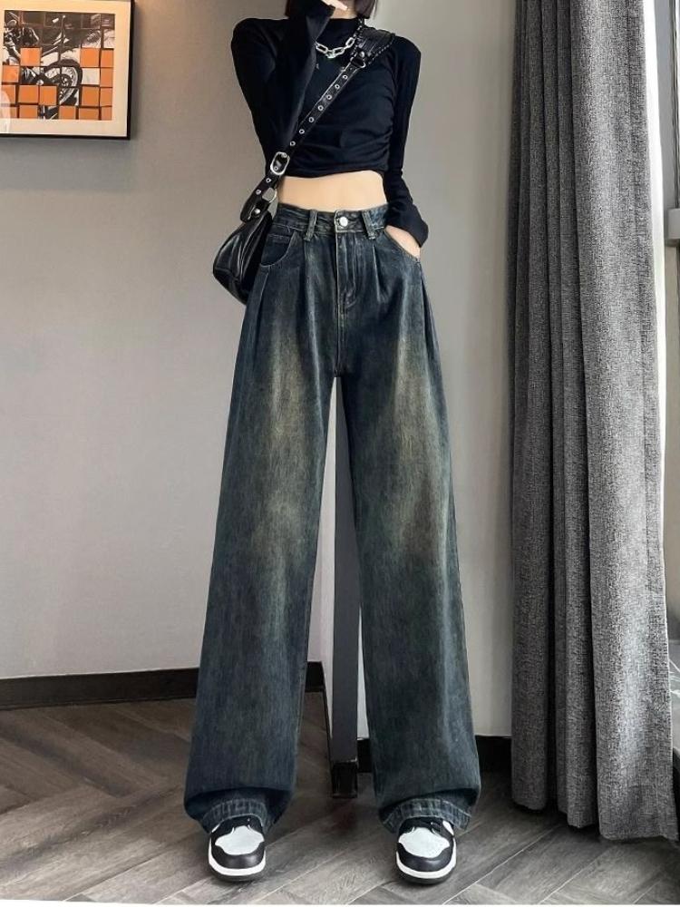 Women Vintage Straight Loose Drape Jeans 90s High Waist Elegant Wide Leg Mop Pants Korea Fashion Plus Size Casual Trousers Streetwear