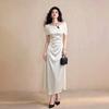 [Spot] French design off-the-shoulder free shawl satin dress summer waist high-end dress fishtail dress