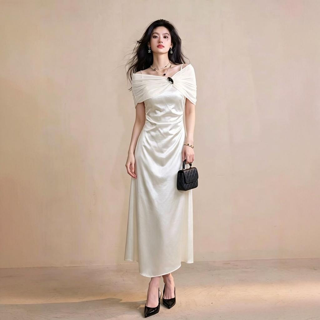[Spot] French design off-the-shoulder free shawl satin dress summer waist high-end dress fishtail dress