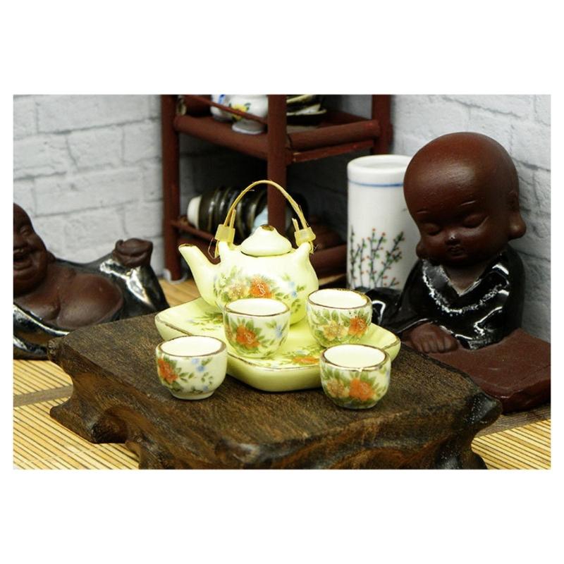 Miniature Teaware Set Model For Children And Collectors With Blue White Porcelain Teapot Cup Tray Doll House Furniture