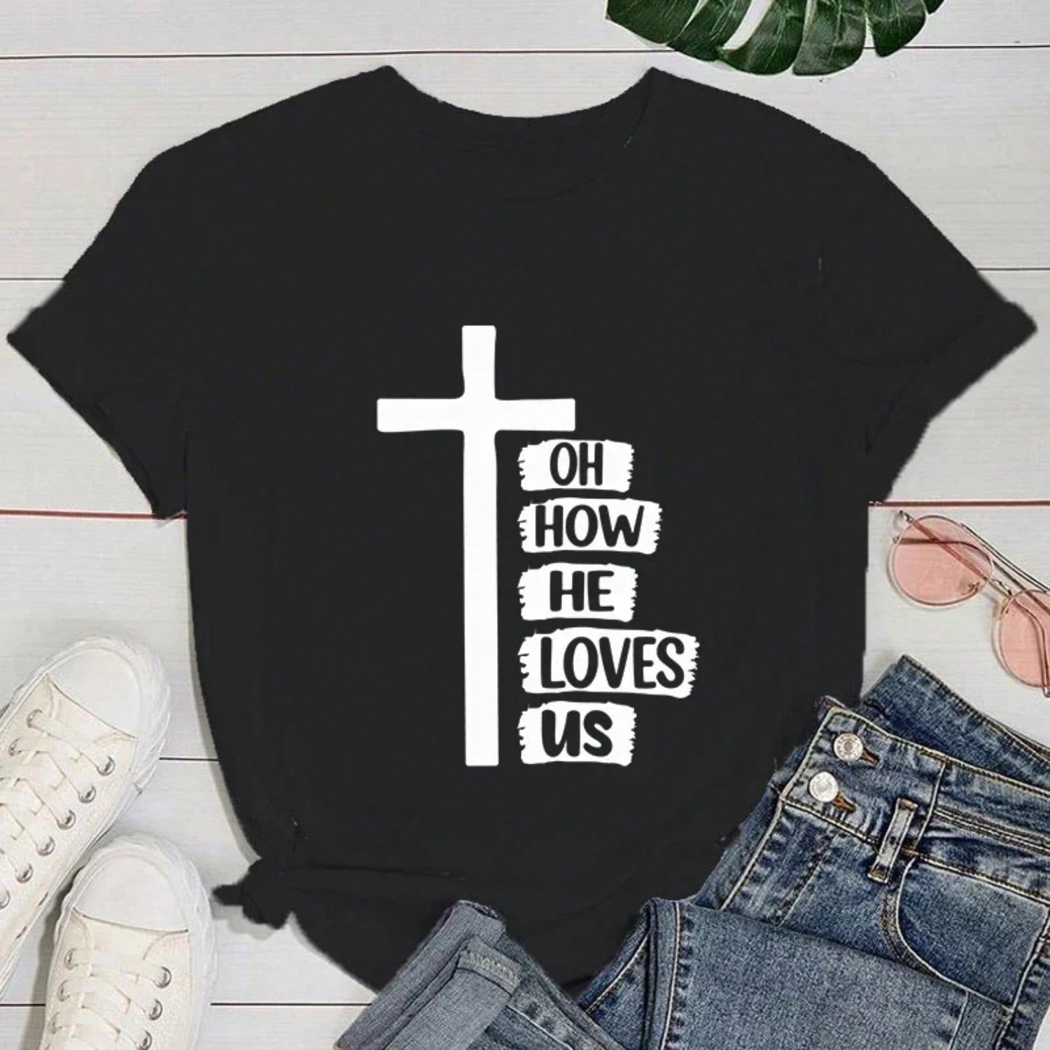(Premium T-Shirt)Fashion Jesus Oh How He Loves Us Printed T-Shirts Wounisex Summer Casual Short Sleeved T-Shirts Round Neck Tops S разноцветный