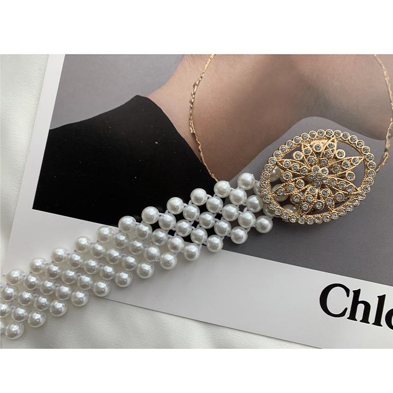 Pearl Waist Chain Ladies Belt Fashion Dress Decorative Rhinestone Elastic Beaded Elastic Waist Seal