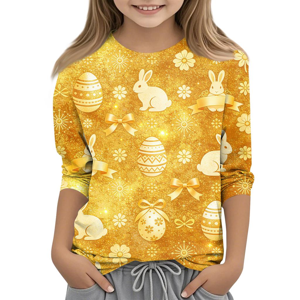 Children's Seven Quarter Sleeve Easter Print Round Neck Print Casual Top