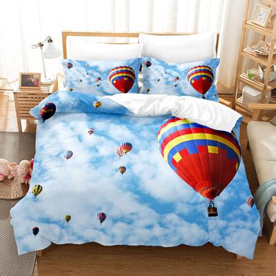 Parure de lit en polyester avec housse de couette et motif montgolfière 3D bleu ciel et nuage blanc pour enfants, garçons et filles