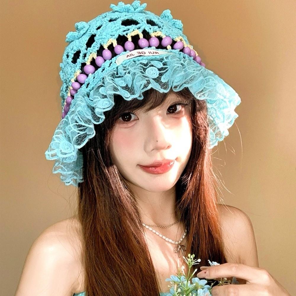 Hollow Beads Knitted Hat Summer Weave Basin Caps Sweet Crochet Bucket Hat  Ladies