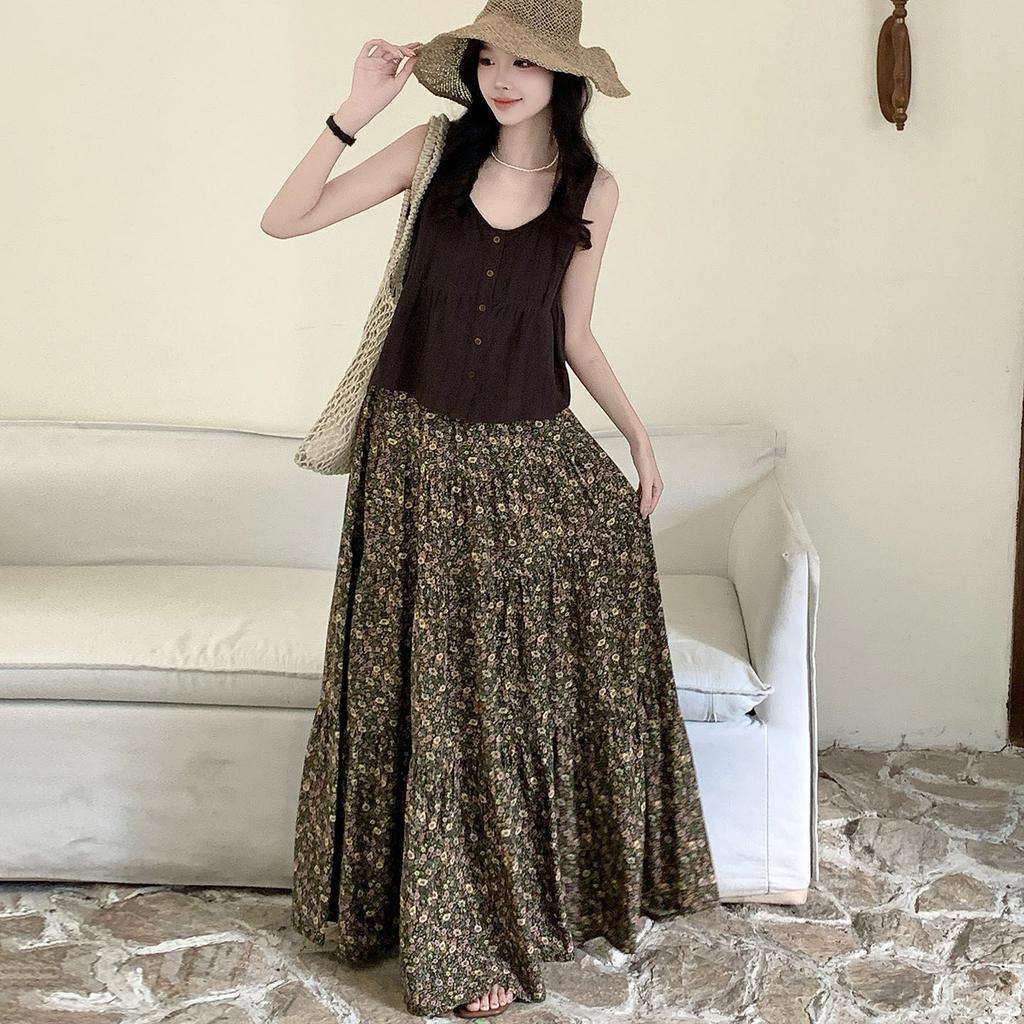 Sweet floral cake skirt female summer high waist A-fold skirt temperament fairy skirt gentle cotton and silk nightdress