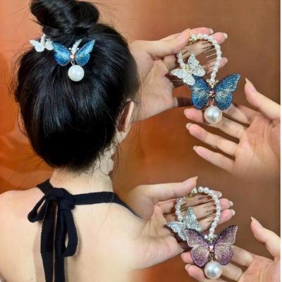 Eleganter Temperament Ball Haarclip Handbestickter Schmetterling Perle Pferdeschwanzclip Kopfschmuck Schmuck Kopfspange Accessoires