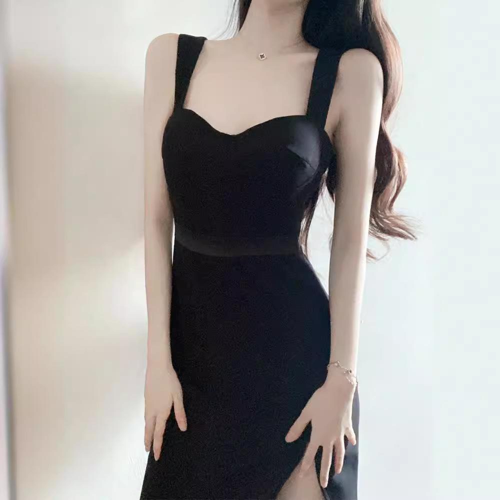French Evening Dress New High-end Split Suspender Dress Black Hepburn Sexy Little Black Dress KTV