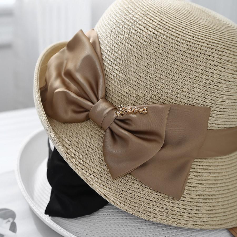 2025 Summer New Woven Basin Hat Fashion Crimped Sun Hat Satin Bow Summer Sun Hat