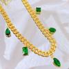 French Style Retro Jewelry Luxury Simulation Emerald Necklaces Gold Color Vintage Cuban Link Chain Necklace For Women