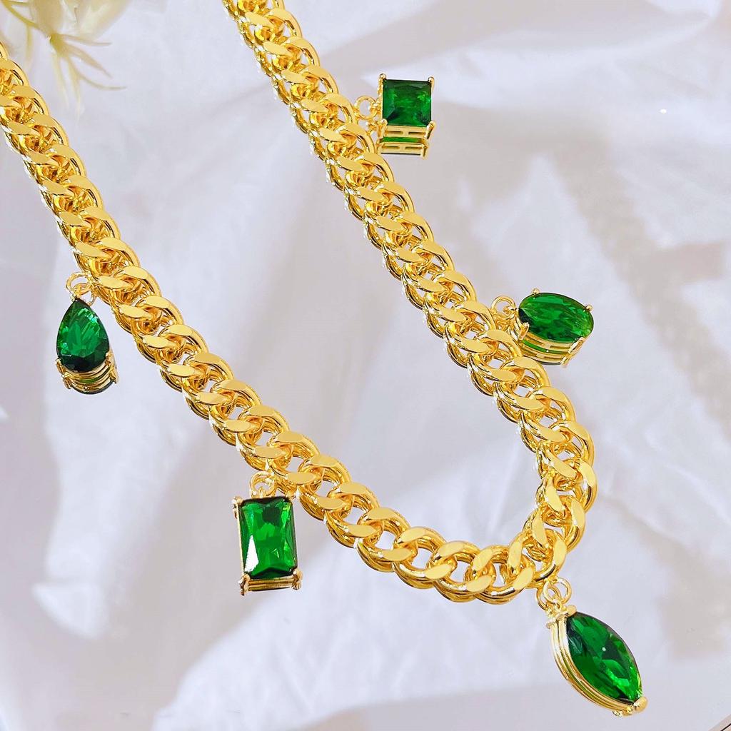 French Style Retro Jewelry Luxury Simulation Emerald Necklaces Gold Color Vintage Cuban Link Chain Necklace For Women