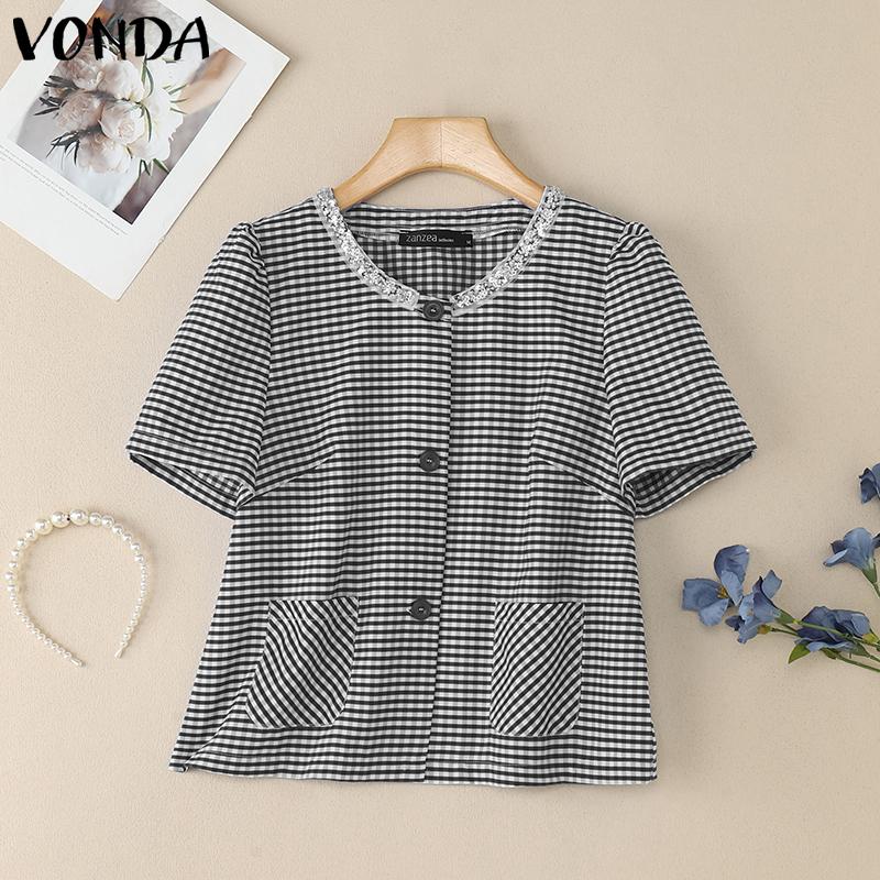 

VONDA Women Casual Sequin Collar Patchwork Short Sleeve Striped Cropped Blouse M