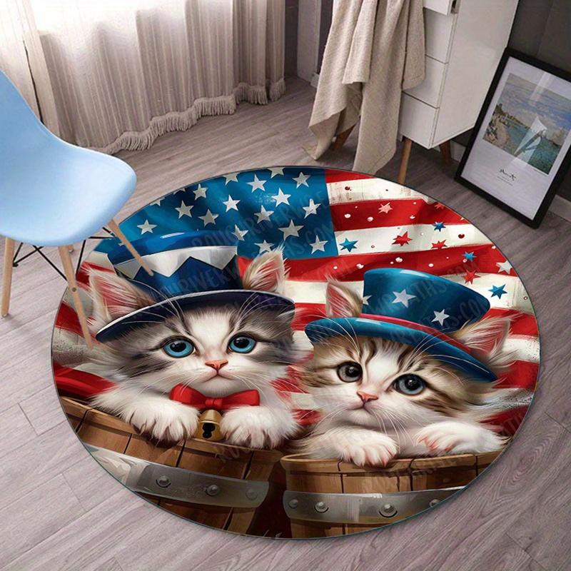 

Round Crystal Velvet Rug American Flag Cats Patriotic Independence Day Floor Mat Home Decor Living Room Bedroom Carpet USA Theme 60cm