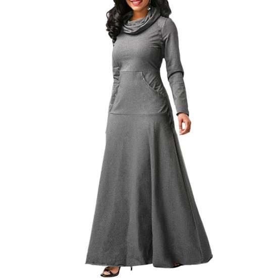 Plus Size Autumn Women Solid Color Cowl Neck Long Sleeve Maxi Dress with Pockets