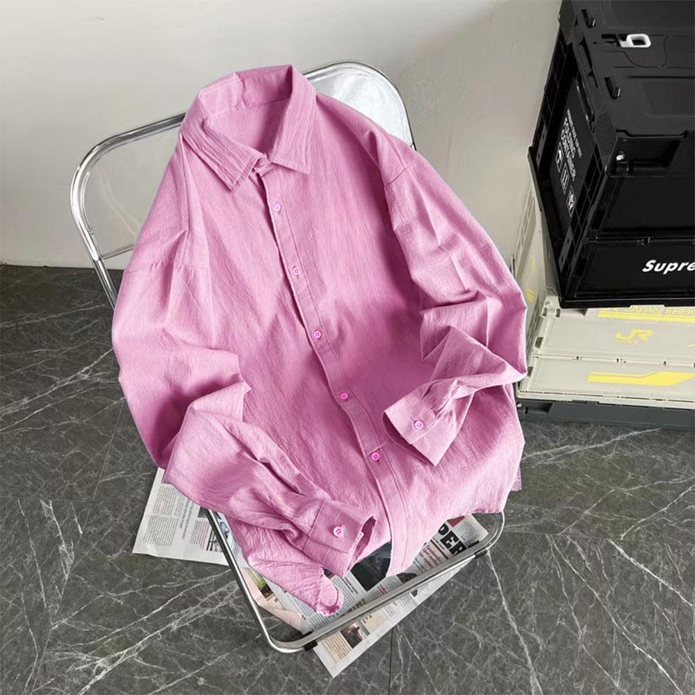 

Мужские свободные рубашки, повседневные, разноцветные, из хлопка и льна, прохладное лето, дышащая, мужская мешковатая рубашка Harajuku на пуговицах XL розовый