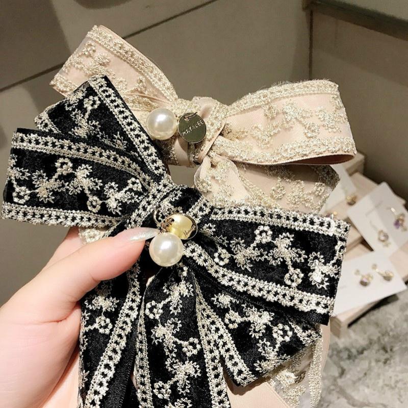 2 In 1 Women Vintage Big Bow Brooch Hairpin Lace Embroidery Necktie